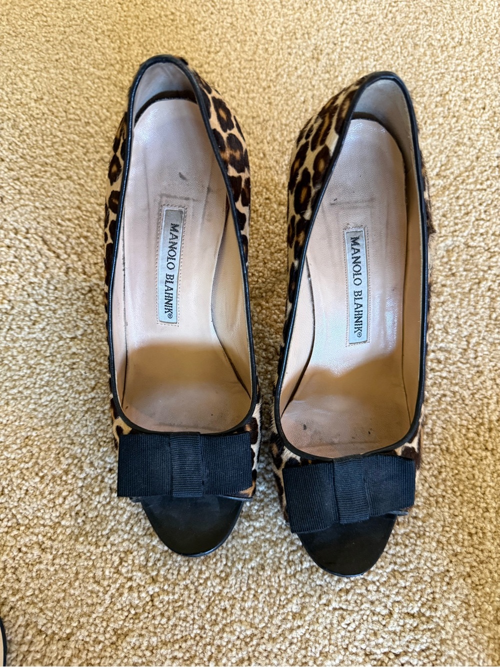 Manolo Blahnik Leopard-Print Peep-Toe Pumps with Black Bow